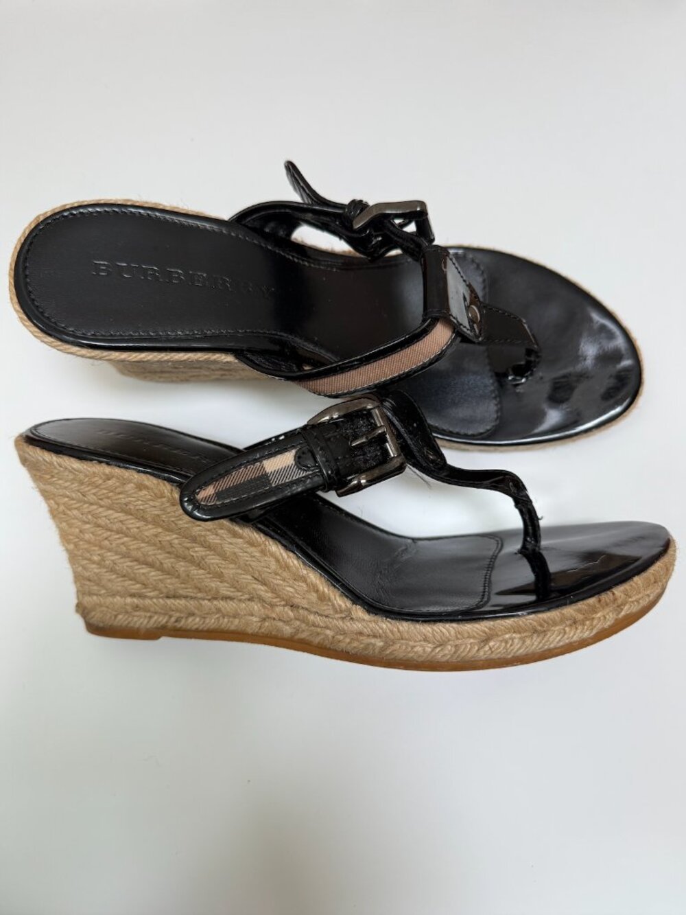 Burberry Nova Check Espadrille Wedge Sandals Black Patent Leather EU 41
